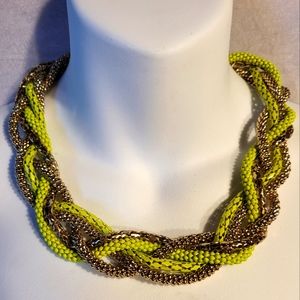 Vintage 70's Braided Gold & Neon Green Metal Chain Statement Necklace